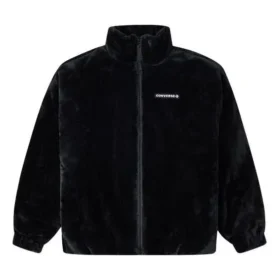 Loose Stand Collar Stay Warm Logo Jacket Couple Style Black