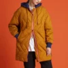 Mid-Length Contrasting Colors Hooded Quilted Jacket Brown